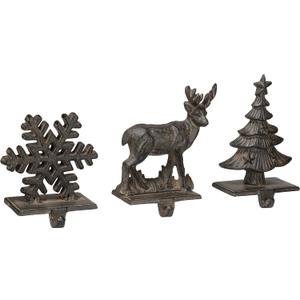 Red Co Set of 3 Snowflake, Reindeer & Christmas Tree Decorative Cast Iron Stocking Holders in Old Bronze Finish