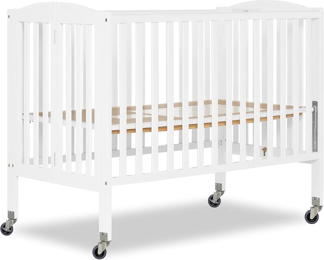 Dream On Me Folding Full-Size Convenience Baby Crib in White, GreenGuard Gold & BSA, Portable, Patented Quick Folding System, Strong Wheels, 2 Adjustable Mattress Heights