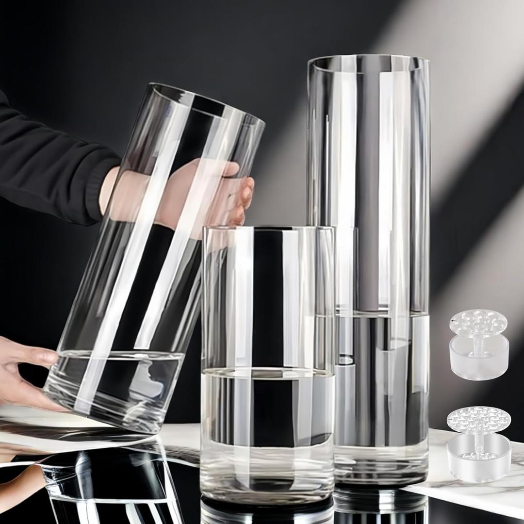 3 Clear Acrylic Cylinder Vase for Centerpieces, Tall Cylinder Plastic Hurricane Vases, Large Unbreakable Flower Vases for Wedding Bouquet (D 4.8" X H 8" + H 10" + H 12" Set of 3 + 2 Holder)