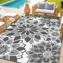 LOKHOM Outdoor Rug for Patio 6x9 ft Reversible Plastic Straw Patio Camping Rug, Floral Waterproof RV Mat for Camper Indoor Outdoor Carpet for Deck Porch Picnic Beach Balcony Backyard, Grey & White