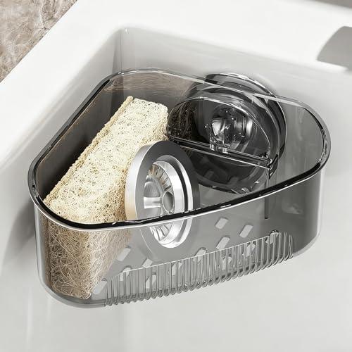 Plman Sink Strainer Basket, Triangle Suction Cup Sink Corner Rack, New Upgraded Corner Sink Strainer with Drainage Hole, Punch-Free Corner Sink Garbage Catcher for Kitchen and Bathroom (Black)
