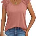 AUTOMET Womens Tops Casual Dressy Lace Summer Tee 2026 Cap Sleeve T Shirts Cute Basic Trendy Fashion Spring Outfits (Pink, XL)