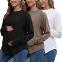 Bhome Maternity Shirts 3 Packs Long Sleeve Pregnancy Tops Loose Fit Casual Blouses with Thumb Holes (X-Large, Black / Brown / White)