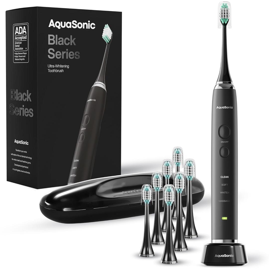 Aquasonic Black Series Ultra Whitening Toothbrush  ADA Accepted Electric Toothbrush- 8 Brush Heads & Travel Case  40,000 VPM Electric Motor & Wireless Charging - 4 Modes w Smart Timer