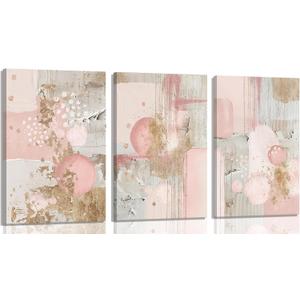 Havplemoy 3Pcs Framed Pink and Gold Canvas Wall Art | Abstract Posters Print Geometric Pictures Decor for Living Room Bedroom Bathroom Home Decoration, 16x24