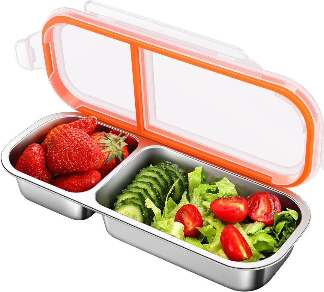 KTKUDY Stainless Steel Snack Container for Kids & Adults - Large - Leak-Proof 2-Compartment Stackable Snack Box for Daycare, School, Work & Travel