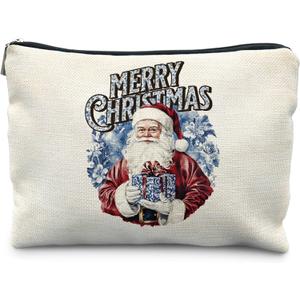 Chinoiserie Christmas Santa Makeup Bag for Women, Blue and White Merry Christmas Cosmetic Bags, Xmas Grandmillennial Holiday Zipper Makeup Pouch for Purse