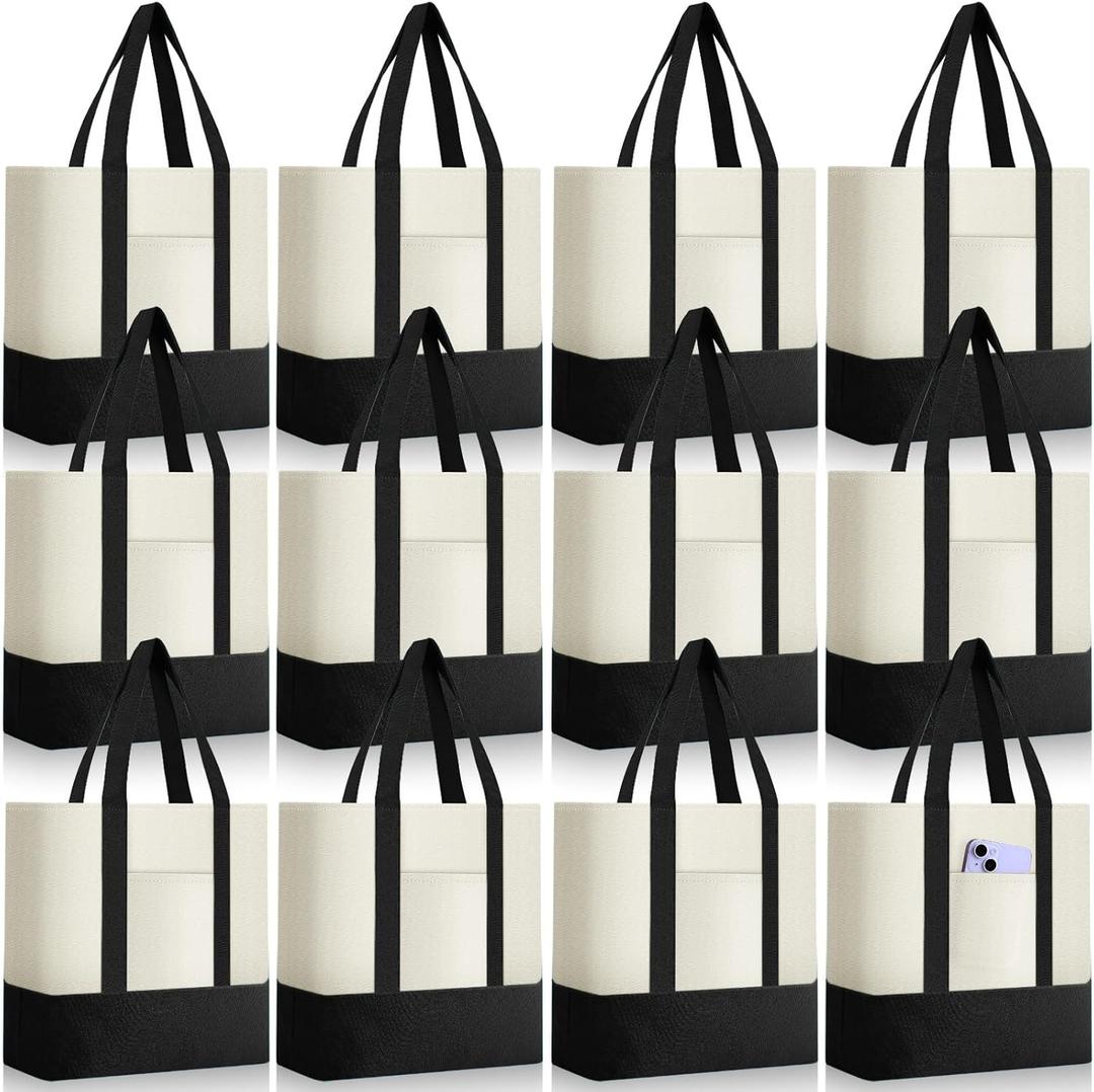 Sanwuta 12 Pcs Canvas Tote Bags Bulk with Outer Pocket Small Sublimation Blank Canvas Tote Reusable Grocery Bag for Women, DIY Craft (Black)