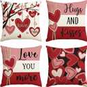 AVOIN colorlife Valentine's Day Hugs and Kisses Love You More Throw Pillow Covers, 20 x 20 Inch Valentine Heart Stripes Wedding Cushion Case Decoration for Sofa Couch Set of 4 (Red)