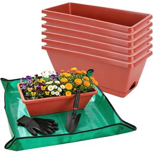 7 Pack Window Box Planters, 17 Inch Plastic Rectangular Flower Pots for Indoor/Outdoor Plants, Herbs, Vegetables, Includes Trowel, Waterproof Mat & Gloves (Brick-red)