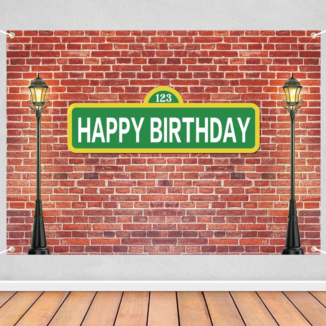 7x5ft Happy Birthday Street Sign Backdrop, 123 Green Sign Brick Wall and Lamp Posts Party Banner, Urban City Theme Birthday Party Photo Booth Background Decoration for Kids & Adults