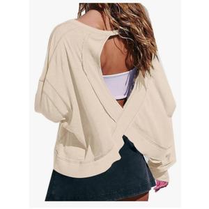 FMCHICO Backless Top for Women Crop Oversized Crewneck Pullovers Casual Loose Long Sleeve Shirts Running Y2k Yoga Outfits M