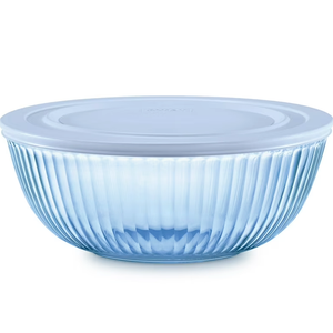 Pyrex Sculpted Tinted 4.5qt Glass Mixing Bowl with Airtight Plastic Lid, Blue