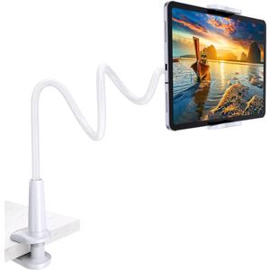 Tryone Gooseneck Tablet Holder Stand for Bed Adjustable Flexible Arm Tablets Mount Clamp on Table Compatible with iPad Air Mini | Galaxy Tabs | Kindle Fire | Switch or Other 4.7-10.5" Devices (White)