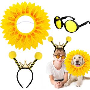 3 Pcs Large Dog Halloween Costume Set Includes Sunflower Headband Outfits Bee Antenna Headband and Bee Sunglasses for Large Dogs Cosplay Costume Accessories Halloween Party Supplies