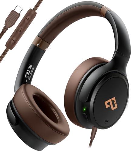 USB C Headphones Wired Headphones Over Ear with HD Mic, Foldable Active Noise-Canceling Headphone for iPad/Sports/School/Travel/iPhone 17/16/15, Samsung S25/S24, Google Pixel 9,Ideal Gifts-Brown