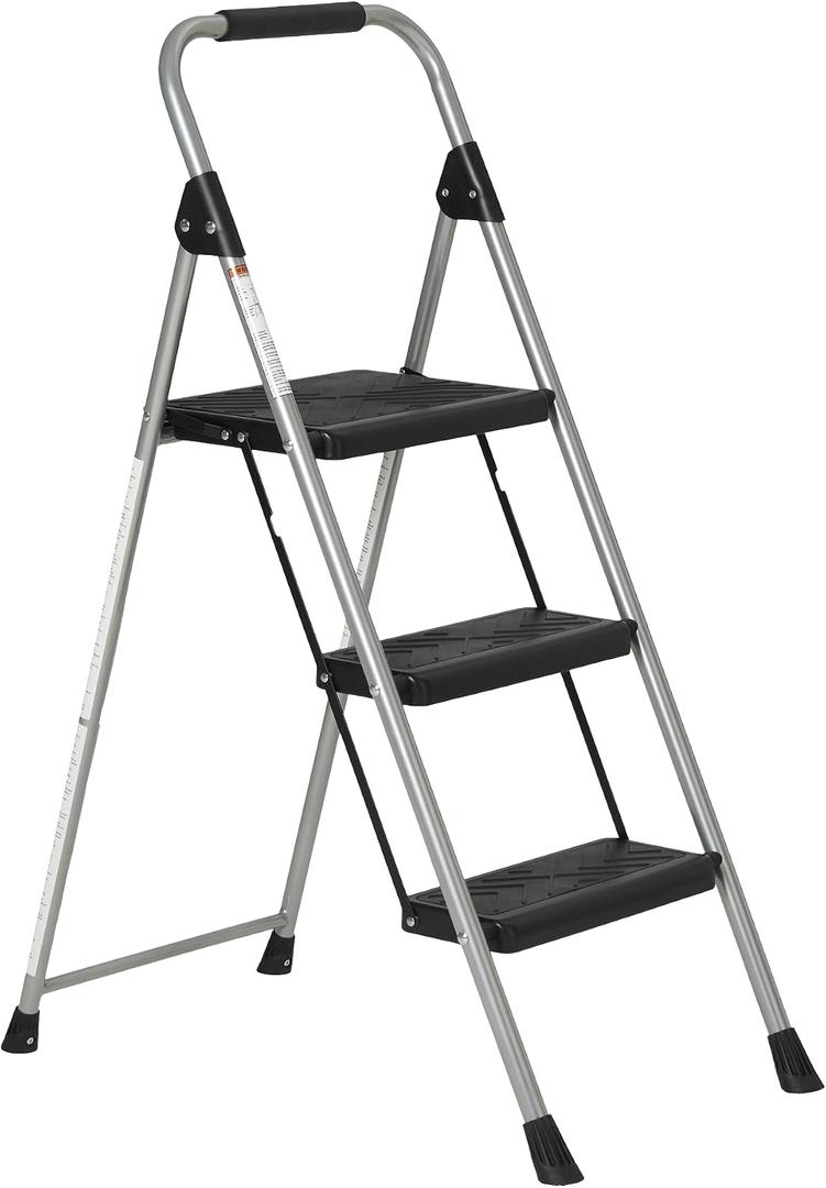 Amazon Basics Folding 3 Step Portable Ladder with Wide Anti-Slip Pedal, Black