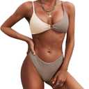 ZAFUL Women's Ribbed O-Ring String Bikini Swimsuit Cheeky Thong Swimwear Two Pieces Bathing Suit (Medium, Brown/Beige)