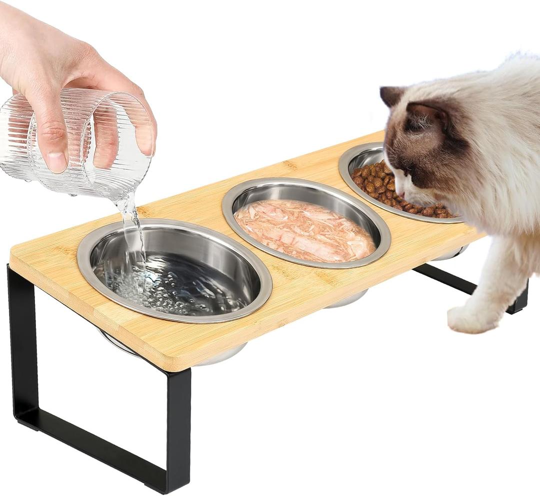 Elevated Cat Bowls with 3 Stainless Steel, 15 Tilted Raised Cat Bowl Set, for Indoor Cats for Small Cats and Puppies Pet Bowls with Stand
