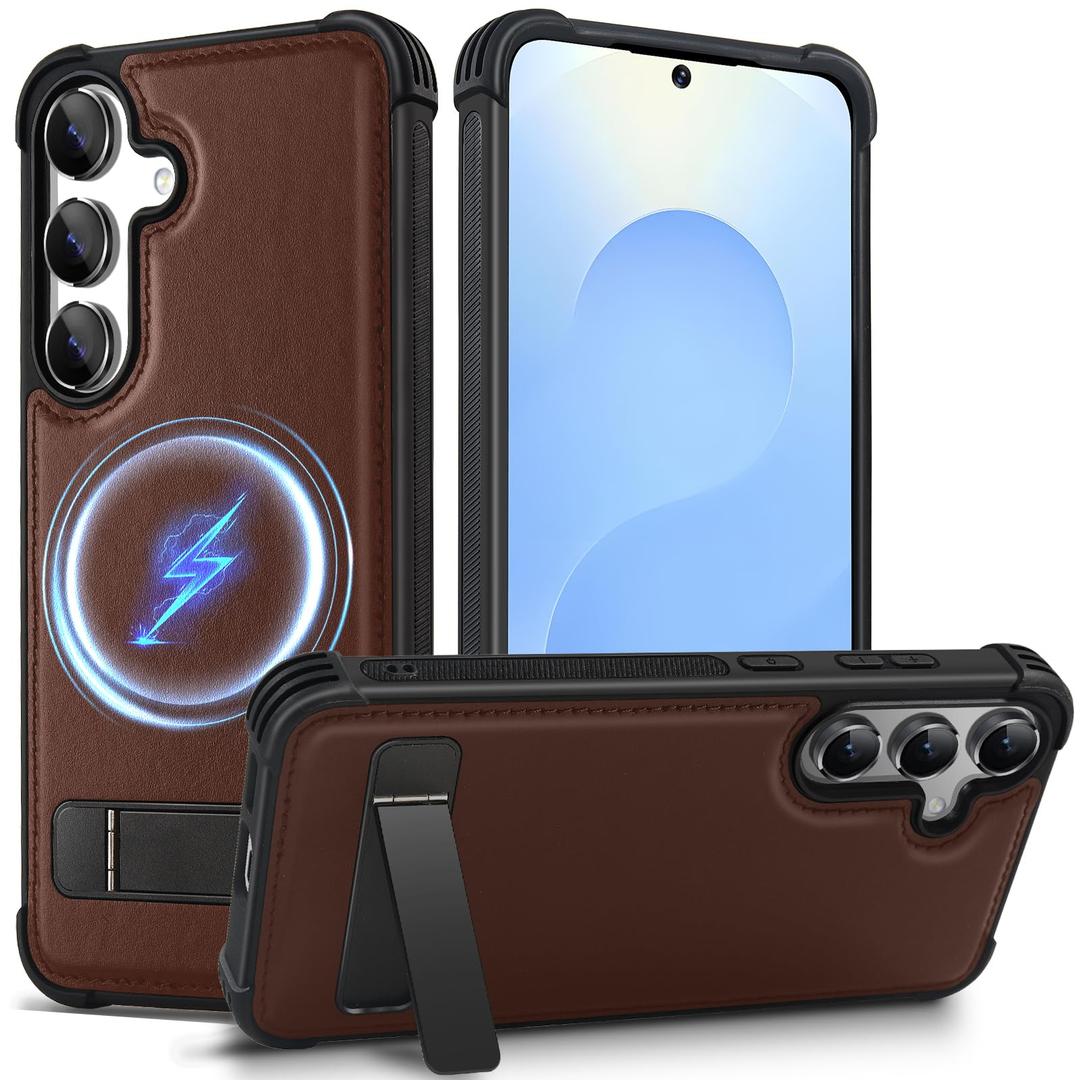 KEZiHOME Magnetic for Samsung Galaxy S25 Plus Case with Kickstand, Compatible with MagSafe, Genuine Leather Military Grade Protection Shockproof Soft Edge Phone Case for Galaxy S25+ Plus (Brown)