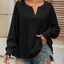 Fisoew Womens Oversized Long Sleeve Shirt Casual Waffle Knit Tunic Tops Lace Patchwork Pullover Sweatshirt (Black, L)