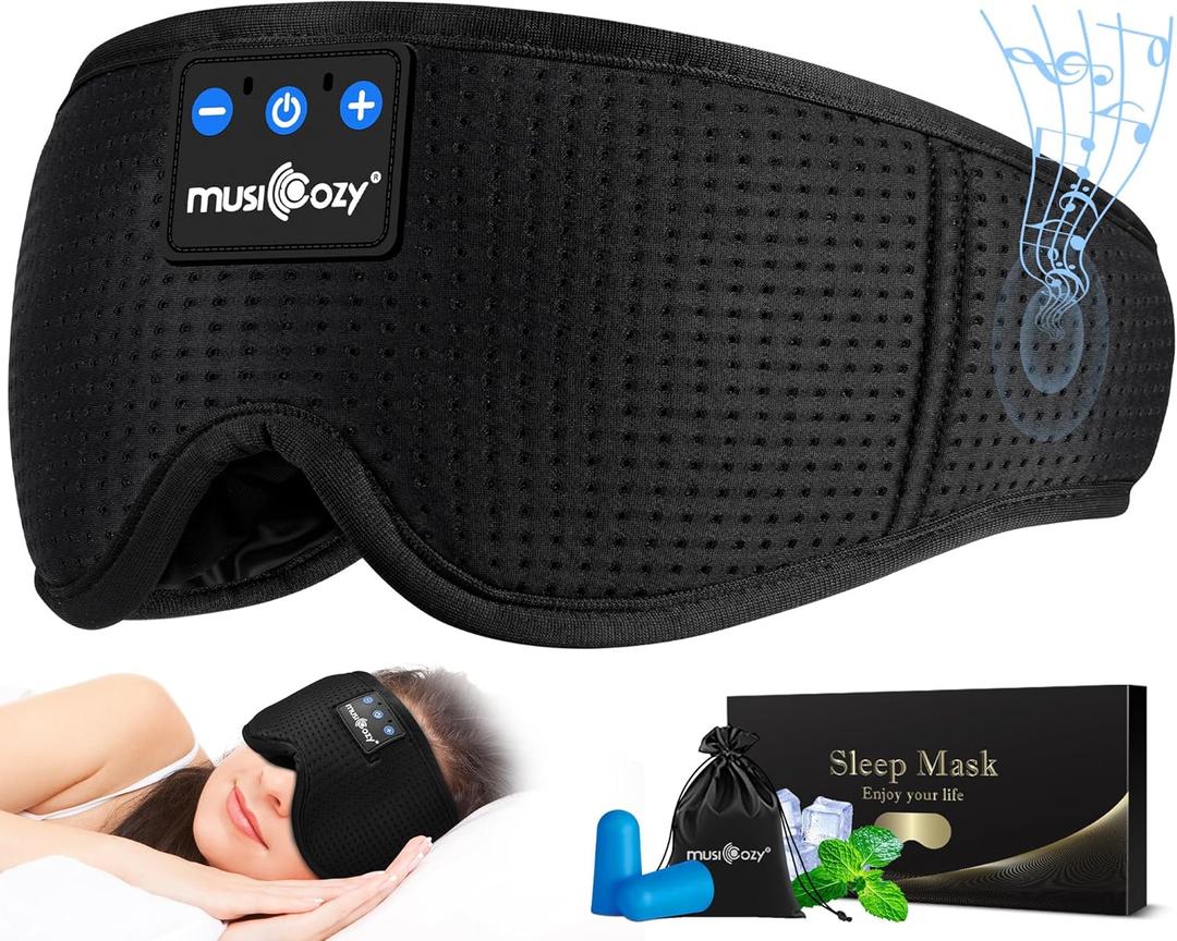 MUSICOZY Sleep Headphones Masks, Headphones Masks for Sleeping Wireless Music Mask, Bluetooth Sleep Eye Mask for Sleeping for Side Sleepers Men Women with Speakers Cool Tech Gadgets Gifts, Black