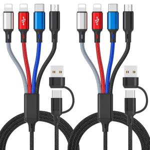 6 in 1 Multi Charging Cable, Multi Charger Cable [2 Pack 6FT], Braided Multi Fast Charging Cord Multiple Charging Cable USB A/C Connector with IP/Type C/Micro USB Ports for Cell Phone Tablets