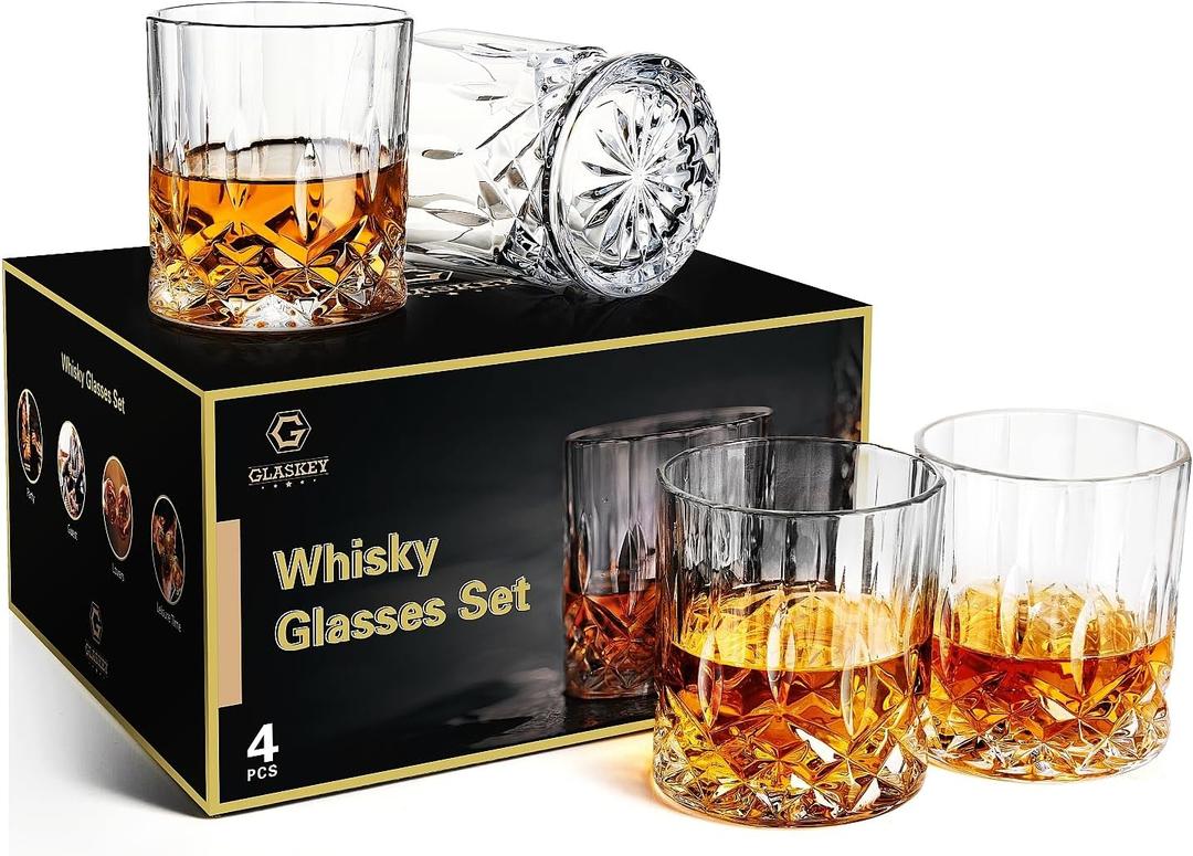 GLASKEY Whiskey Glasses Set of 4,Rock Glasses,11 oz Lead-Free Crystal Bourbon Glass,Old Fashioned Glass for Bourbon,Cognac,Irish Whisky,Personalised Whisky Glass Gift Set for Men,Dad,Brother