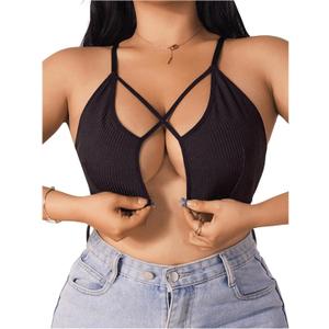 Women's Plus Size Criss Cross Front Closure Bra Cut Out Ribbed Knit Wireless Bralettes (XX-Large Plus, Black)