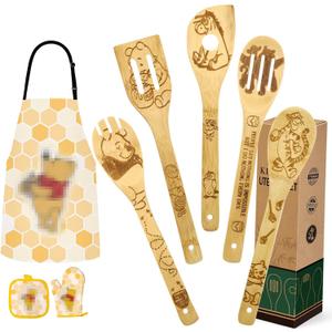 Christmas Gifts for Mom Women Cute Bear Wooden Cooking Spoons Set Bamboo Kitchen Cooking Utensils Set with Apron Oven Mitt Potholder Set Birthday Mothers Day Gift