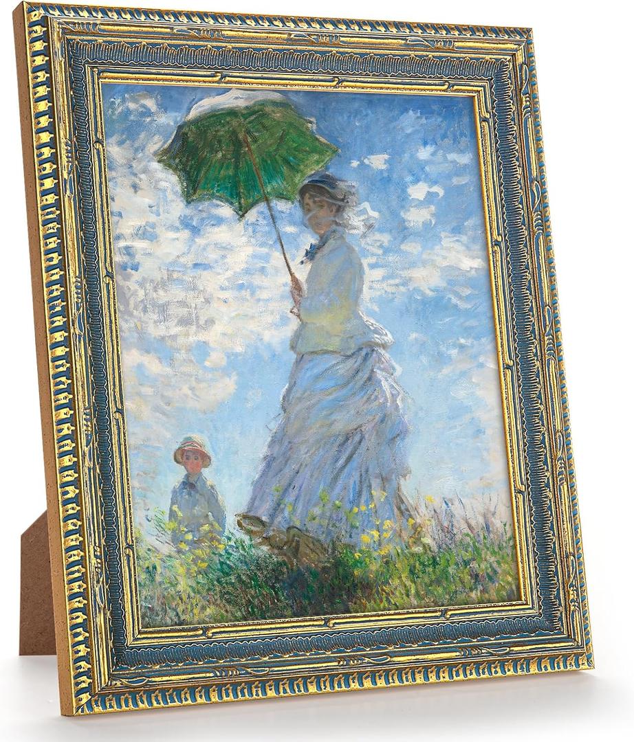 GULETHUN Vintage Gold Raised Frame with Blue Accent, 8x10 Ornate Picture Frames, Home Decor Antique Gallery Poster Photo Frames 8 by 10, Horizontal or Vertical Display