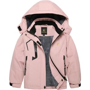 Keevoom Girl's Waterproof Ski Jacket Fleece Snow Coat Windproof Warm Winter Snowboarding Jacket with Removable Hood (10-12, Pink)