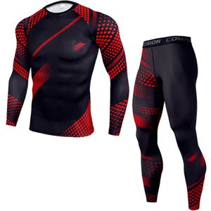 OEBLD Men's Workout Compression Clothes Long Sleeve Compression Shirts and Pants Thermal Base Layer Set (Red Dot), M
