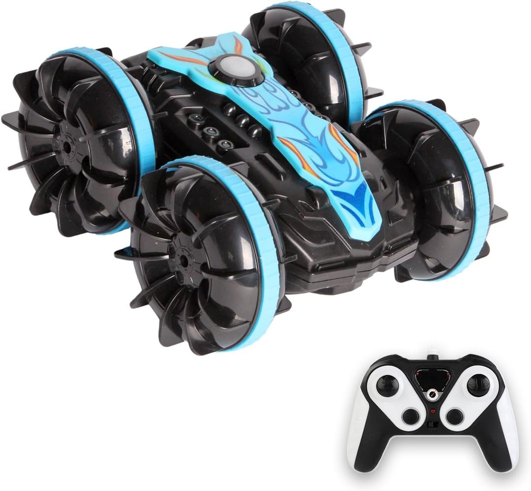 Amphibious Remote Control Car for Kids, 4WD 2.4GHz RC Stunt Vehicle with 360 Spins, Waterproof All-Terrain Truck with LED Lights, Birthday for Boys Girls, Beach Pool Fun Toy (Single Controlled - Blue)