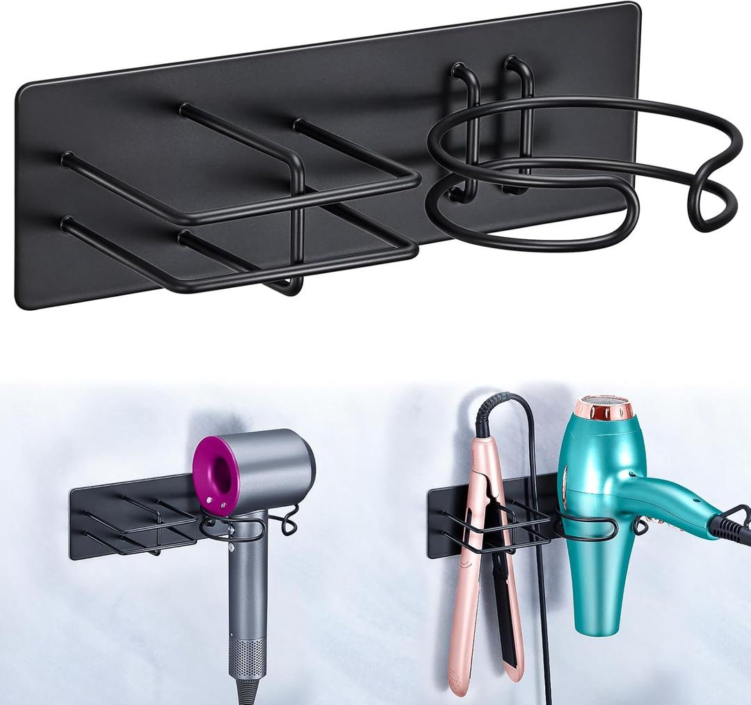 Hair Dryer and Straightener Holder Wall Mounted, Self Adhesive Blow Dryer and Flat Iron Storage Hair Tool Organizer for Bathroom Vanity (Black)