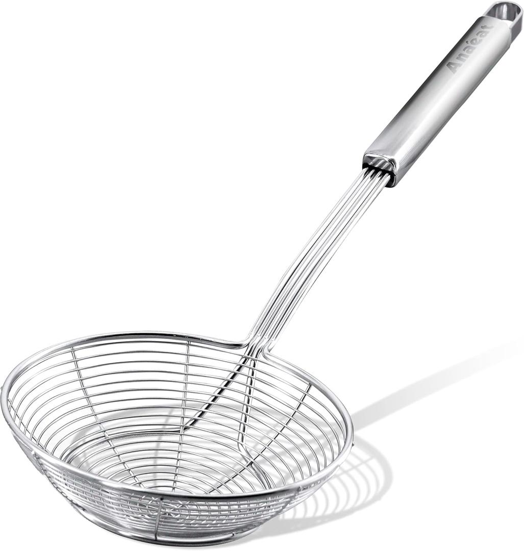 Anaeat Stainless Steel Spider Strainer Skimmer - Solid Kitchen Strainer Ladle with Long Handle for Cooking and Frying, Reinforced Double Coil Slotted Spoons for Pasta, Noodle, Spaghetti (7 Inch)