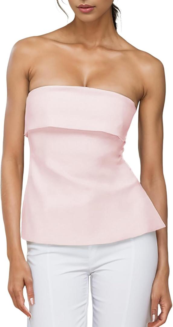 Strapless Tube Tops for Women Backless Going Out Bandeau Top Sexy Trendy Off Shoulder Side Split Summer Bustier Tops (Small, Pink)