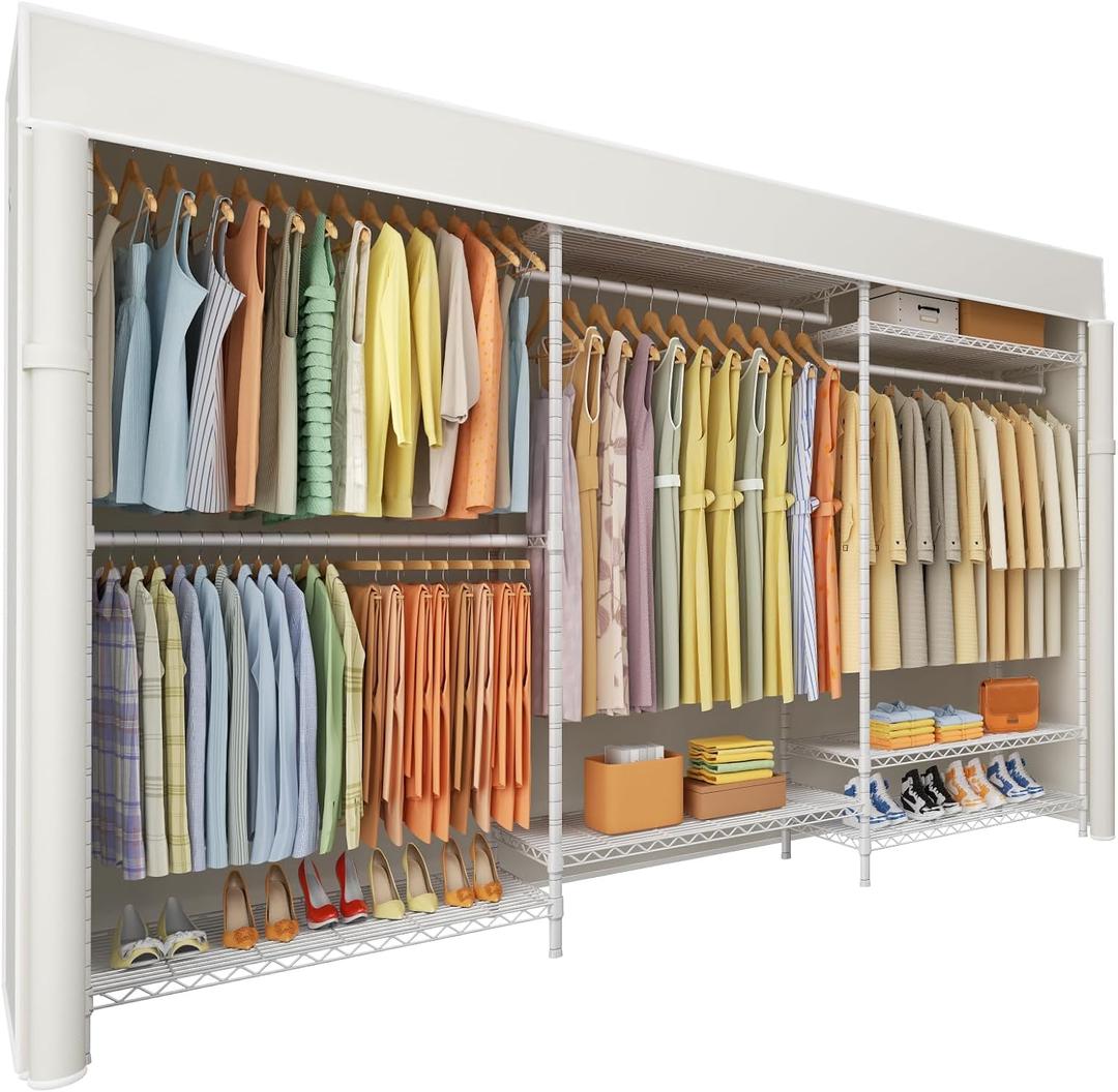 Ulif E13C Max Heavy Duty Closet Organizer SystemFreestanding Clothing Racks for Hanging ClothesAdjustable Garment Rack 86" W x16 D x77 H Hold 1100 lbsWhite Rack with White Dustproof Cover