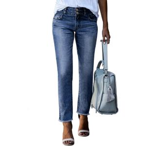 Sidefeel Women's High Waisted Jeans Strechy Fashion Raw Hem Straight Leg Ankle Denim Pants with Pockets (12, Light Blue)