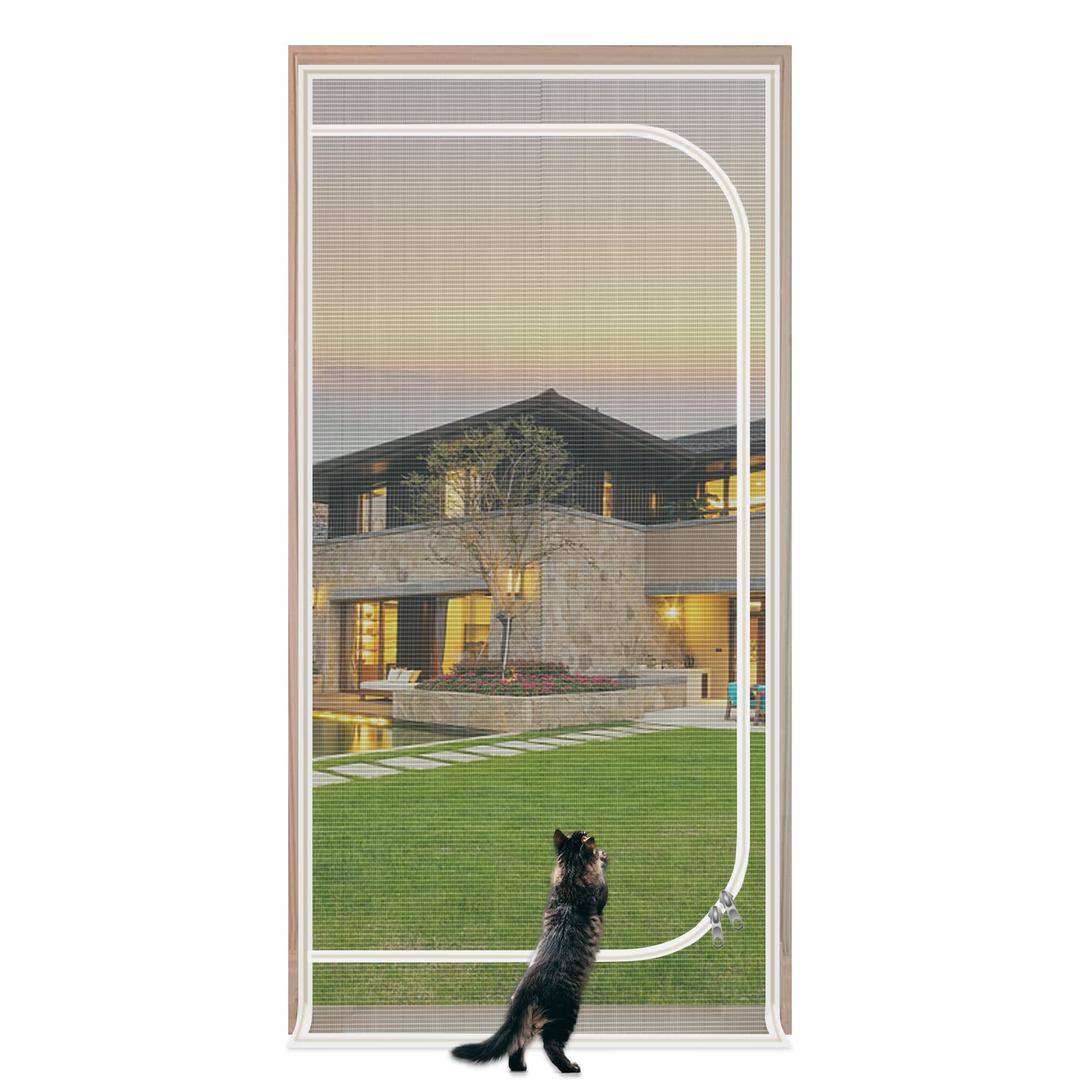 QWR Reinforced Cat Screen Door,Fits Door Opening Size 32''x 80'',Thickened Cat Proof Screen Door Mesh with Zipper Closure for Living Room,Kitchen,Bedroom.