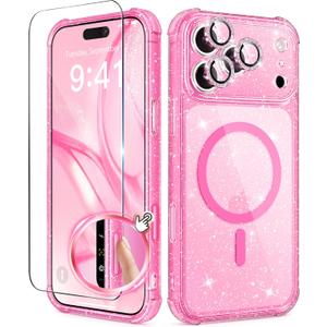 BERFY for iPhone 17 Pro Case for Women, Compatible with MagSafe, Clear Glitter Shockproof Protective Case, Anti-Yellowing, with Screen Protector & 3 Diamond Camera Lens Covers 6.3", Sparkle Hot Pink