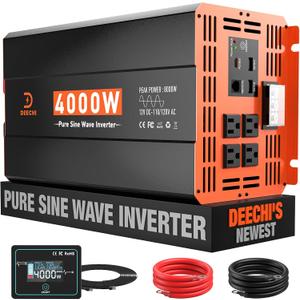 4000 Watt Pure Sine Wave Inverter 12V DC to 110V/120V AC Converter for RV/Truck/Home/Off-Grid Solar Car Power Inverter for Vehicles with 4 AC, 2 USB & 1 Type-C Ports, Hardwire Kit, Remote Controller