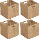 Handwoven Paper Woven Cube Basket Organizer with Handles set of 4 Foldable Storage baskets for Bedroom Living Room Cubby Storage Units for Clothes Books Toys (Natural, 13" L x 13" W x 13" H)