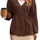 Saodimallsu Womens Wrap V Neck Cardigan Sweaters Tie Front Long Sleeve Soft Knit Dressy Work Fall Sweater Blazer Coffee (Brown)