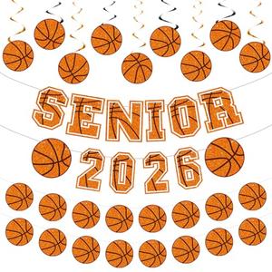 Kosiz 2026 Senior Night Basketball Party Decorations, Senior 2026 Banner, Basketball Paper Garland, Hanging Swirls for Celebration Gift Sports Teams Graduation Party Supplies