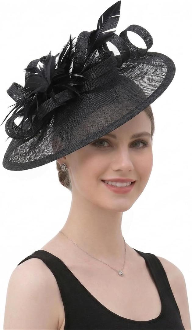 Fascinators Hats for Women, Derby Fascinator Headband, Lightweight Tea Party Hat, 2-in-1 Clip, Cocktail Wedding (Black, L)