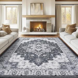 Rugflix 8x10 Area Rug for Living Room, Vintage Washable Area Rug with Non Slip Backing & Low Pile, Floral Soft Foldable Carpet for Bedroom Dining Room, Grey