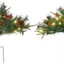 HOMCOM 2 Ft/22 inch 2 Pack Prelit Artificial Christmas Tree Cordless with 69 Branches, Warm White LED Lights, Red Berries, Pine Cones, for Outdoor Entryway, Green