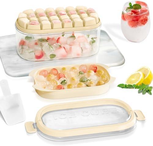 Small Ice Cube Tray with Lid and Bin for Freezer, Easy Release 54 Ice Cube Maker Tray & Mold, Ice Tray with Cover, Storage Container, Scoop. Flexible Durable Plastic, BPA Free (Beige)