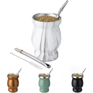 8oz Yerba Mate Cup, 304 Stainless Steel Double-Wall Mate Cup, Heat Insulation Yerba Mate Gourd, Tea Cup Set Includes Cleaning Brush & 2 Bombillas (Marble)
